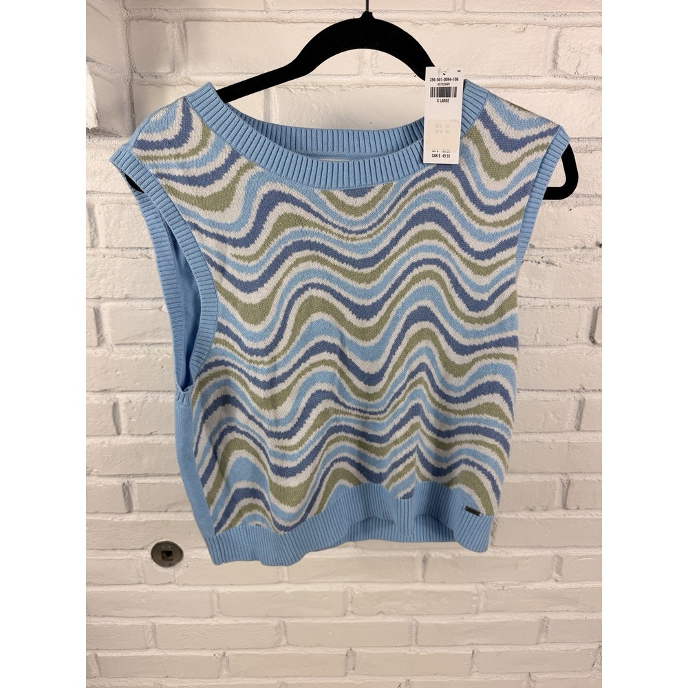 NWT Hollister Womens XL Blue Green Wavy Knit Sweater Vest Retro Y2K Preppy